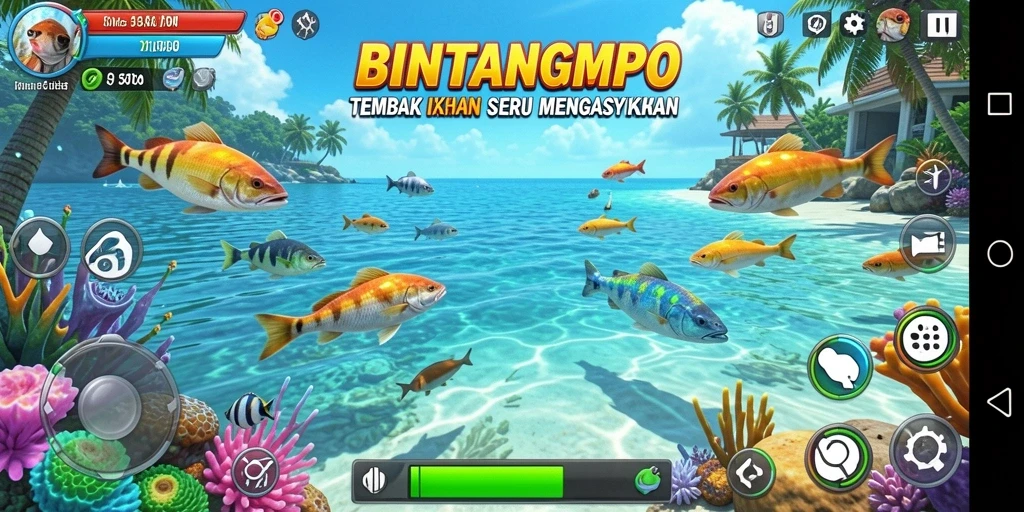 Tangkapan layar gameplay BINTANGMPO dengan berbagai ikan yang menunggu untuk ditembak.