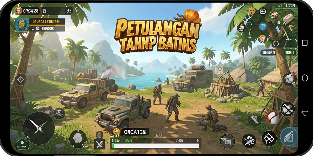 Tangkapan layar gameplay ORCA128 yang menampilkan petualangan di dunia terbuka.