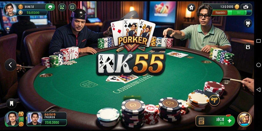 Tampilan gameplay RK55 yang menampilkan keseruan permainan Poker.