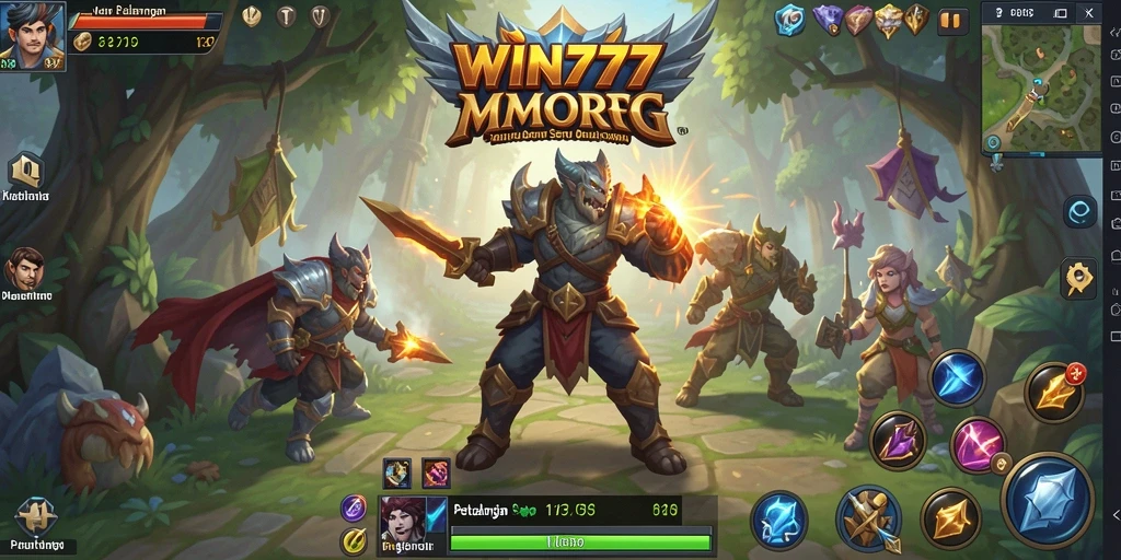Screenshot gameplay WIN777 menunjukkan pertempuran seru dalam dunia MMORPG.